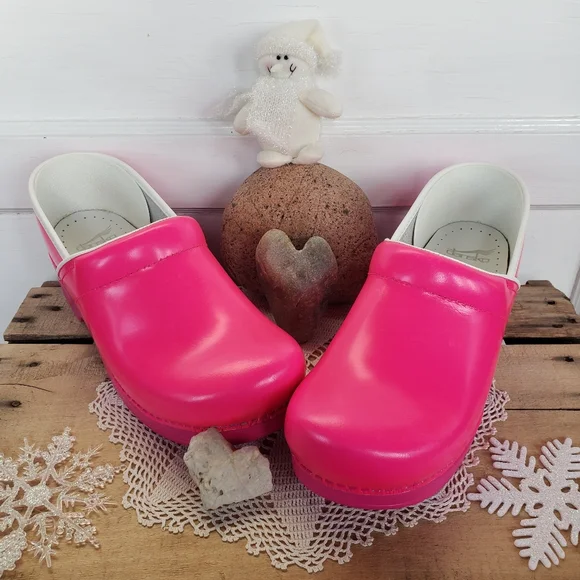 Neon Bunny Pink Dansko Pro Clogs Leather Bright Boho Cottage Spirited Festive 38 - Picture 7 of 12